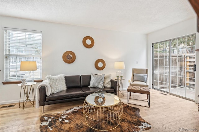 living room with a textured ceiling and light wood-type flooring