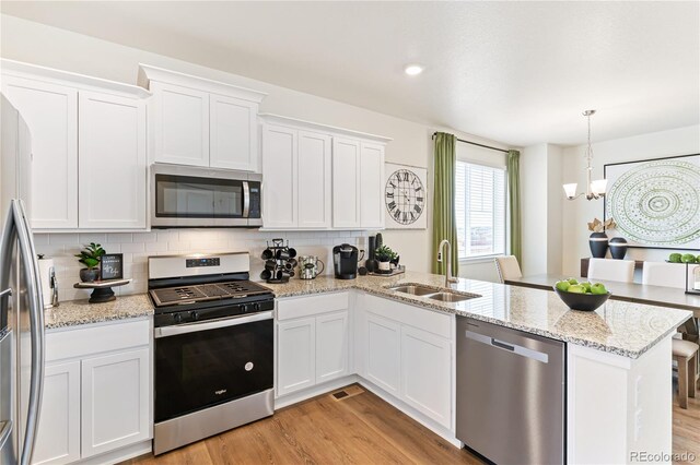 22323 E 6th Pl, Aurora, CO 80018 - kitchen featuring white cabinets, stainless steel appliances, a peninsula, a sink, and backsplash