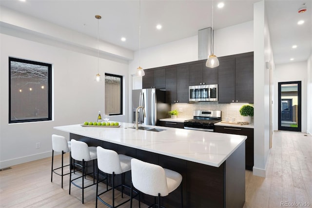 kitchen featuring backsplash, a kitchen island with sink, pendant lighting, and stainless steel appliances