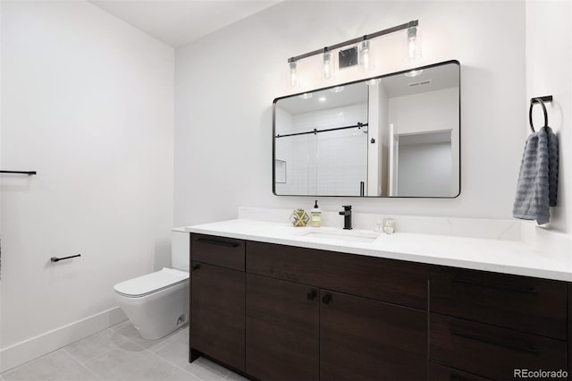 bathroom with a shower, vanity, toilet, and tile patterned flooring