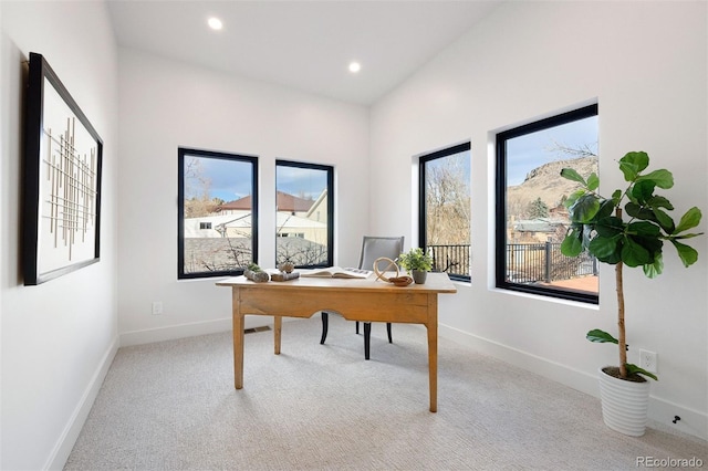 home office with light carpet, recessed lighting, and baseboards