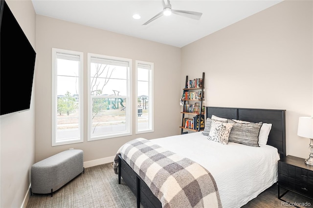 bedroom with recessed lighting, baseboards, a ceiling fan, and wood finished floors