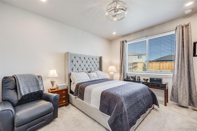 bedroom featuring recessed lighting and light colored carpet