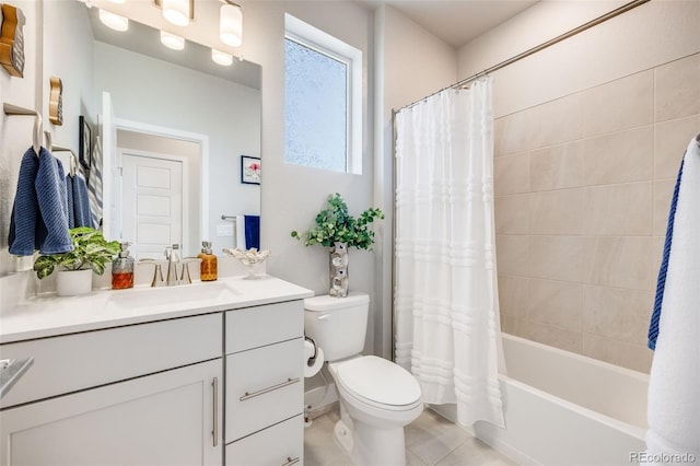 full bath featuring vanity, tile patterned flooring, toilet, and shower / tub combo with curtain