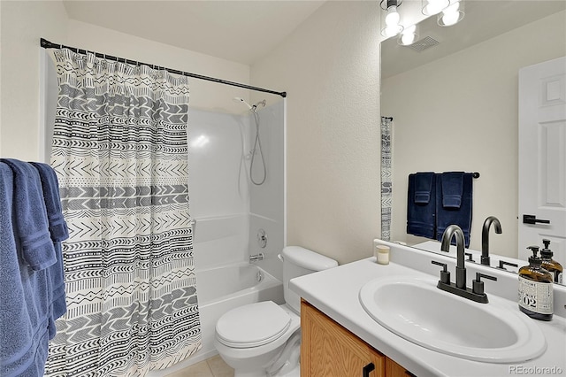 full bath with tile patterned flooring, toilet, vanity, visible vents, and shower / tub combo with curtain