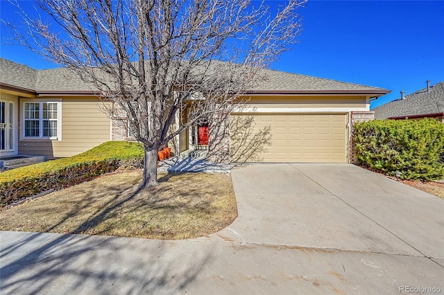 ranch-style house with roof with shingles, driveway, and an attached garage