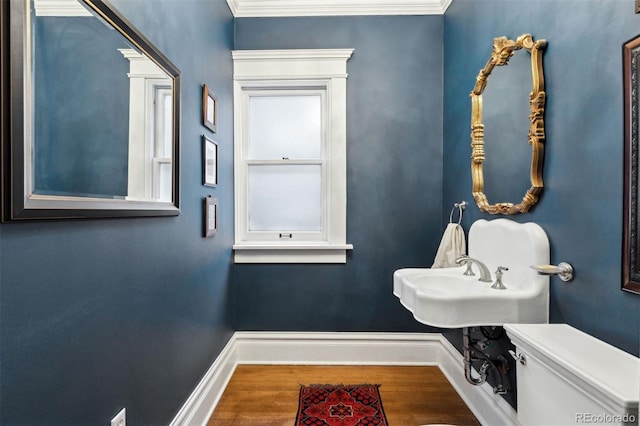 bathroom featuring toilet, hardwood / wood-style flooring, ornamental molding, and sink