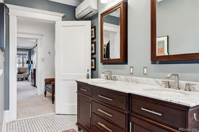 bathroom featuring vanity, crown molding, and a wall mounted AC