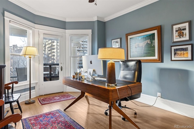 office with ceiling fan, ornamental molding, and wood-type flooring