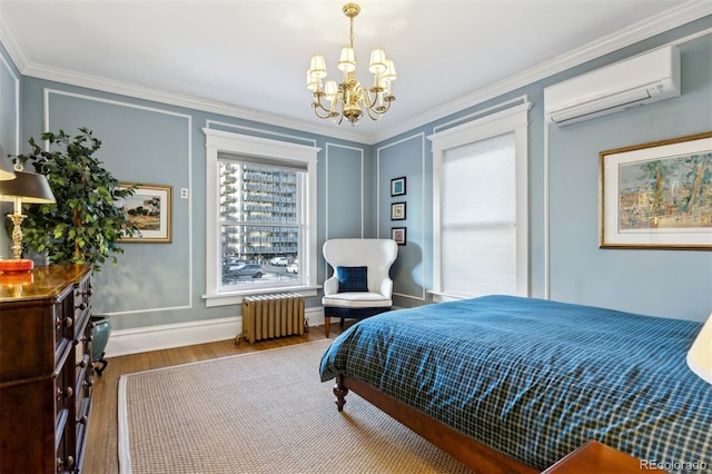 bedroom with hardwood / wood-style floors, ornamental molding, a wall mounted air conditioner, and radiator heating unit