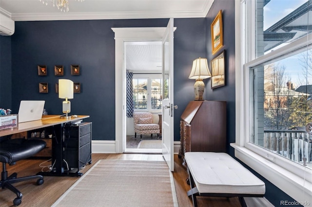 office with ornamental molding and hardwood / wood-style flooring