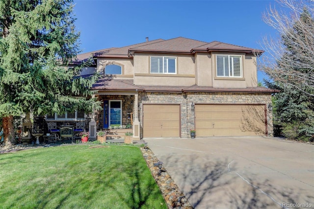 view of front of house with a garage, stucco siding, stone siding, and concrete driveway