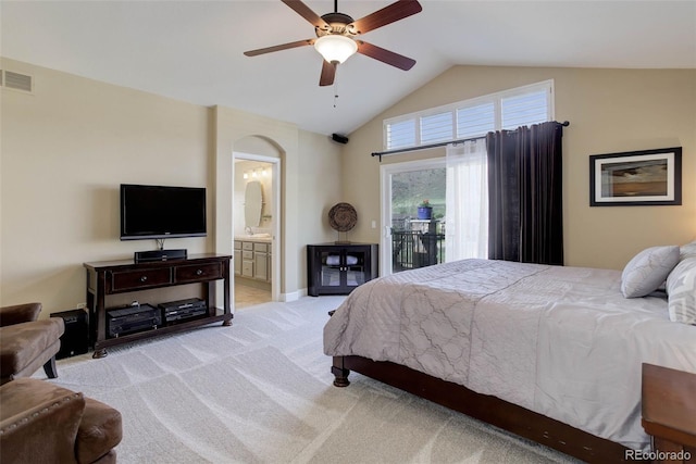 bedroom with visible vents, light carpet, access to exterior, arched walkways, and vaulted ceiling