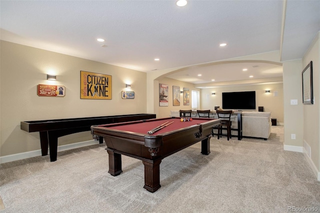 recreation room featuring arched walkways, light colored carpet, billiards, and recessed lighting