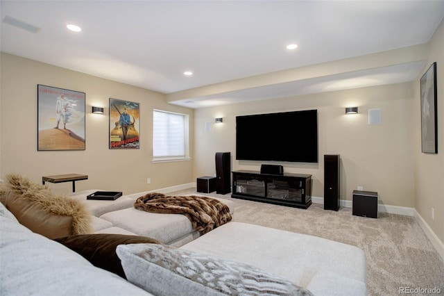 living area featuring recessed lighting, baseboards, and carpet