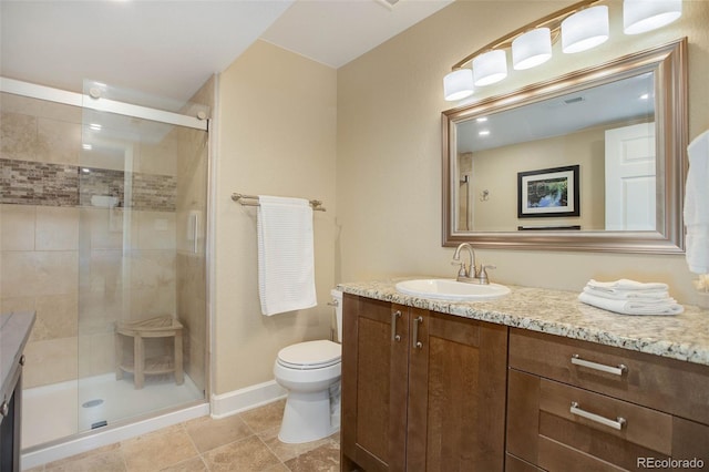 bathroom with vanity, toilet, baseboards, a shower stall, and visible vents