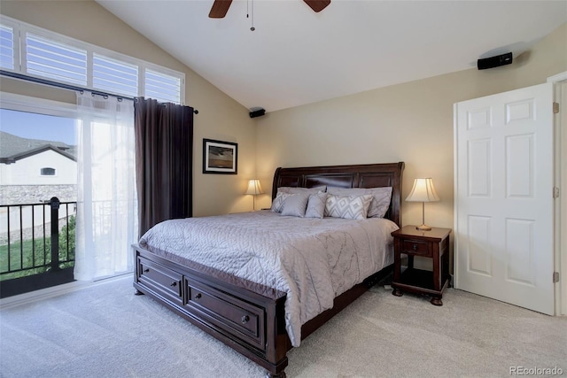 bedroom featuring ceiling fan, vaulted ceiling, access to outside, and light colored carpet