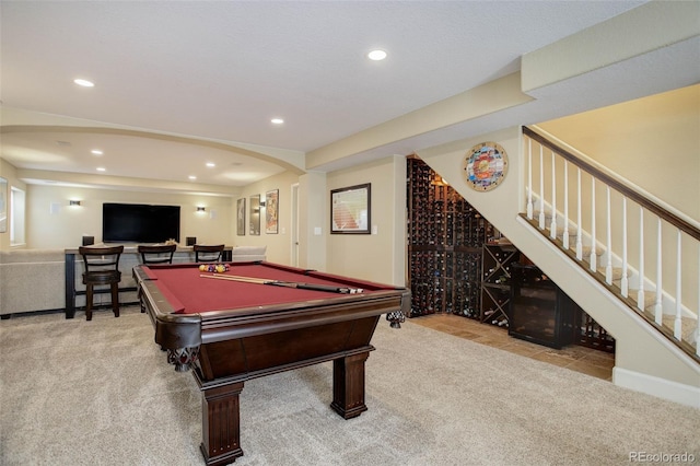game room with recessed lighting, billiards, and carpet