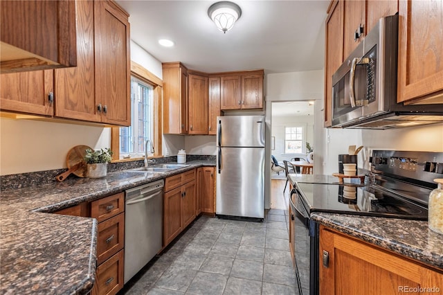 kitchen with appliances with stainless steel finishes, a sink, plenty of natural light, and brown cabinets