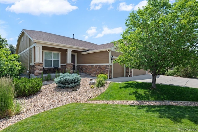 15414 Xenia Ct, Thornton, CO 80602 - view of front of home featuring a garage, concrete driveway, a front lawn, stone siding, and a shingled roof