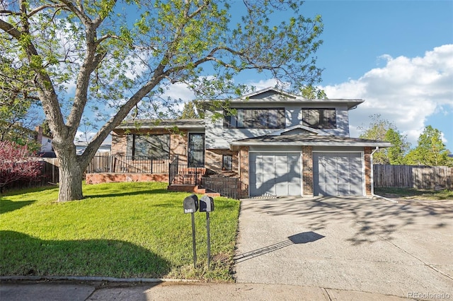 tri-level home featuring concrete driveway and brick siding