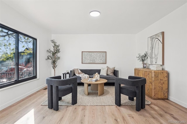 living room with light wood finished floors and baseboards