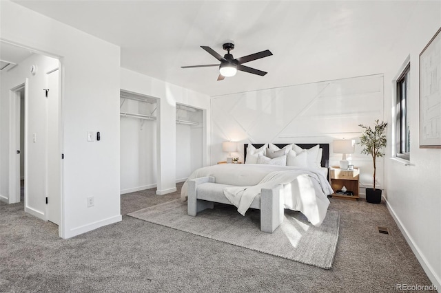 carpeted bedroom featuring a ceiling fan and baseboards