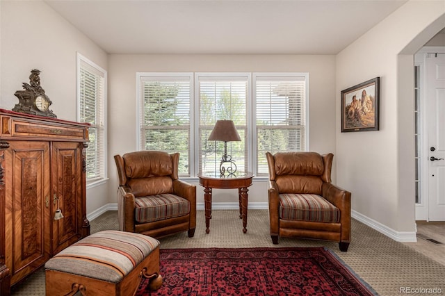 living area featuring carpet flooring, baseboards, and arched walkways