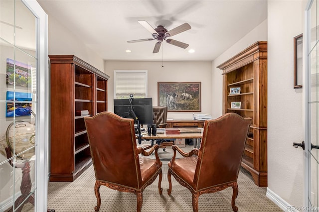 carpeted office featuring ceiling fan and recessed lighting
