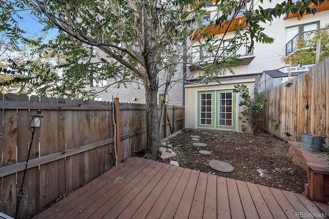 wooden terrace featuring french doors