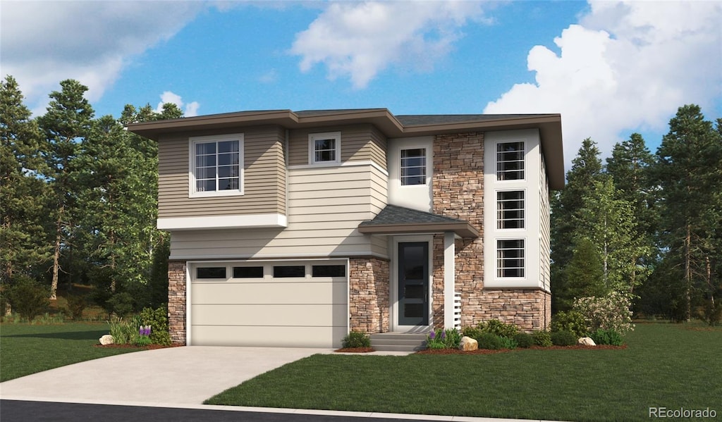 454 S Rifle St, Aurora, CO 80017 - view of front of home with stone siding, concrete driveway, an attached garage, and a front lawn