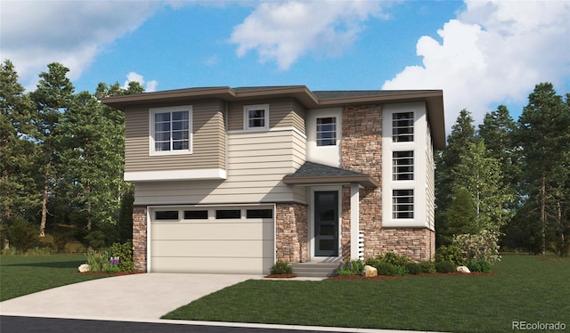 454 S Rifle St, Aurora, CO 80017 - view of front of home with stone siding, concrete driveway, an attached garage, and a front lawn