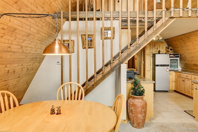 244 Lariat Loop, Hartsel, CO 80449 - dining room with stairway, wood ceiling, and lofted ceiling