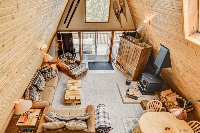244 Lariat Loop, Hartsel, CO 80449 - carpeted living area featuring wood walls and a wood stove