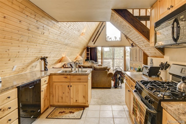 244 Lariat Loop, Hartsel, CO 80449 - kitchen with black appliances, light brown cabinetry, open floor plan, light tile patterned flooring, and vaulted ceiling