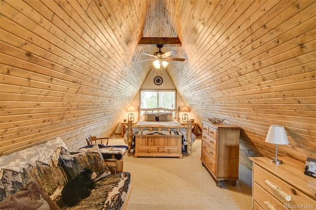 244 Lariat Loop, Hartsel, CO 80449 - bedroom featuring light colored carpet, lofted ceiling, wooden walls, and wooden ceiling