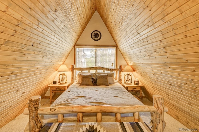 244 Lariat Loop, Hartsel, CO 80449 - carpeted bedroom with lofted ceiling and wood walls
