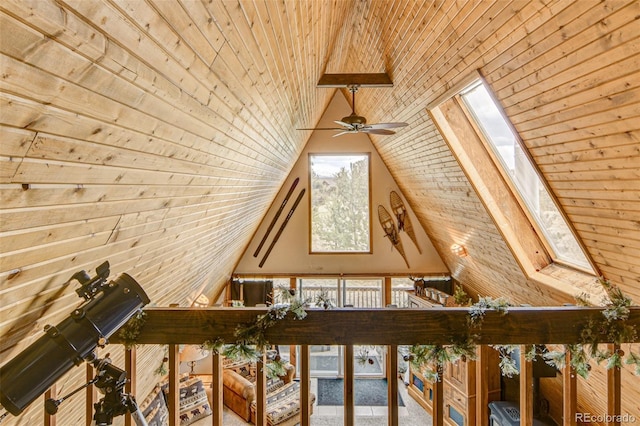 244 Lariat Loop, Hartsel, CO 80449 - stairs with a skylight, a ceiling fan, wood ceiling, plenty of natural light, and high vaulted ceiling