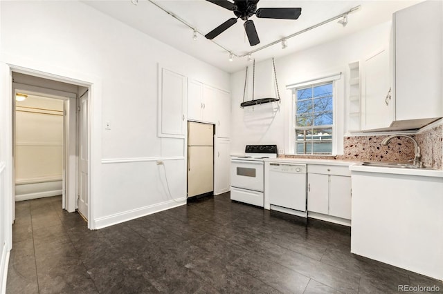 1748 S Logan St, Denver, CO 80210 - kitchen featuring white appliances, white cabinetry, a ceiling fan, and light countertops