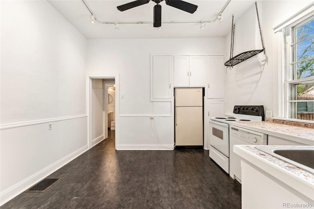 1748 S Logan St, Denver, CO 80210 - kitchen featuring white appliances, track lighting, white cabinets, a ceiling fan, and light countertops