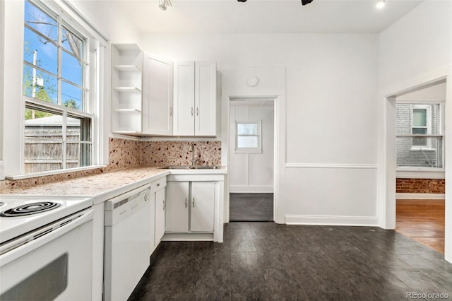 1748 S Logan St, Denver, CO 80210 - kitchen with white appliances, light countertops, white cabinets, a sink, and open shelves