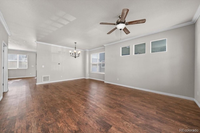 unfurnished room with dark hardwood / wood-style flooring, crown molding, and ceiling fan with notable chandelier