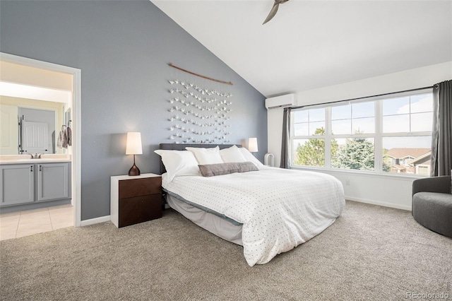 25362 E Indore Dr, Aurora, CO 80016 - bedroom with a wall unit AC, light colored carpet, baseboards, connected bathroom, and high vaulted ceiling