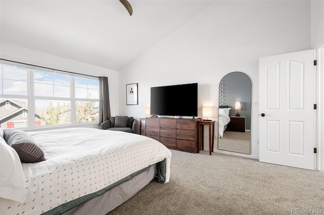 25362 E Indore Dr, Aurora, CO 80016 - carpeted bedroom with high vaulted ceiling, arched walkways, and a ceiling fan