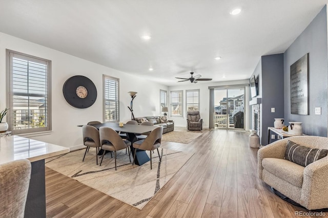 dining area with light wood-type flooring and ceiling fan