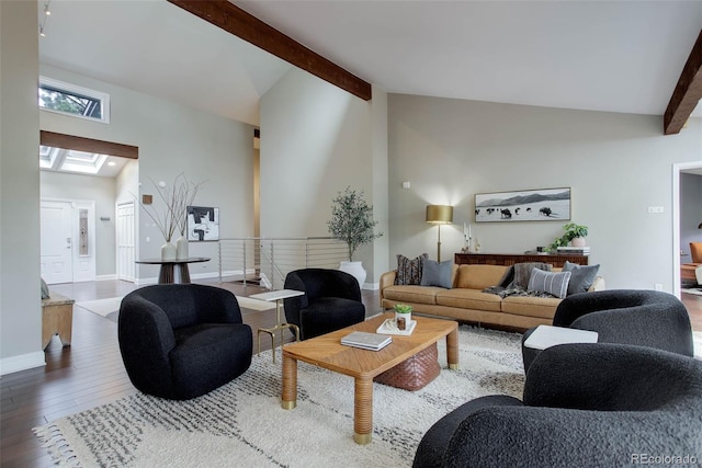 living area featuring baseboards, high vaulted ceiling, beam ceiling, and hardwood / wood-style flooring