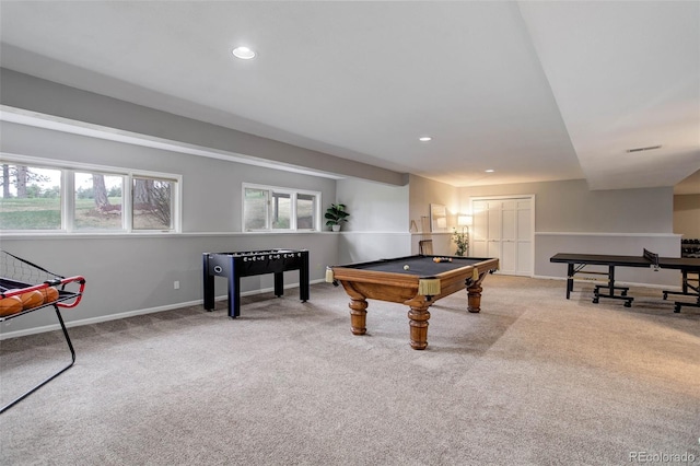 game room with carpet flooring, baseboards, billiards, and a healthy amount of sunlight