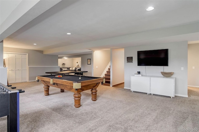 recreation room featuring recessed lighting, pool table, baseboards, and carpet