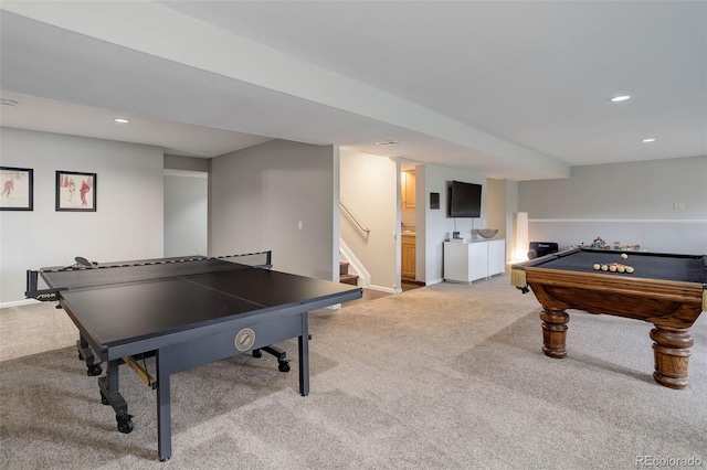 game room with baseboards, recessed lighting, and light colored carpet