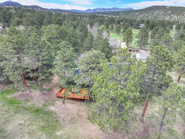 bird's eye view featuring a view of trees and a mountain view